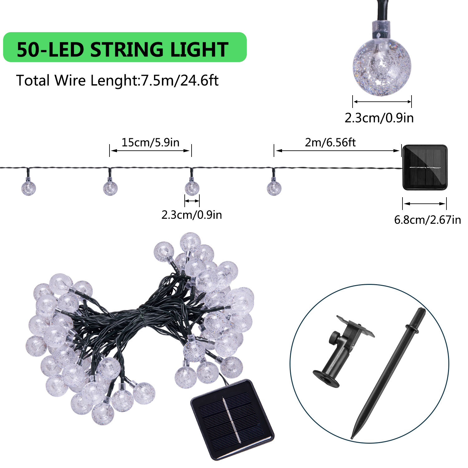 Solar bubble String Lights, 24.6FT 50 LED Fairy String Lights waterproof