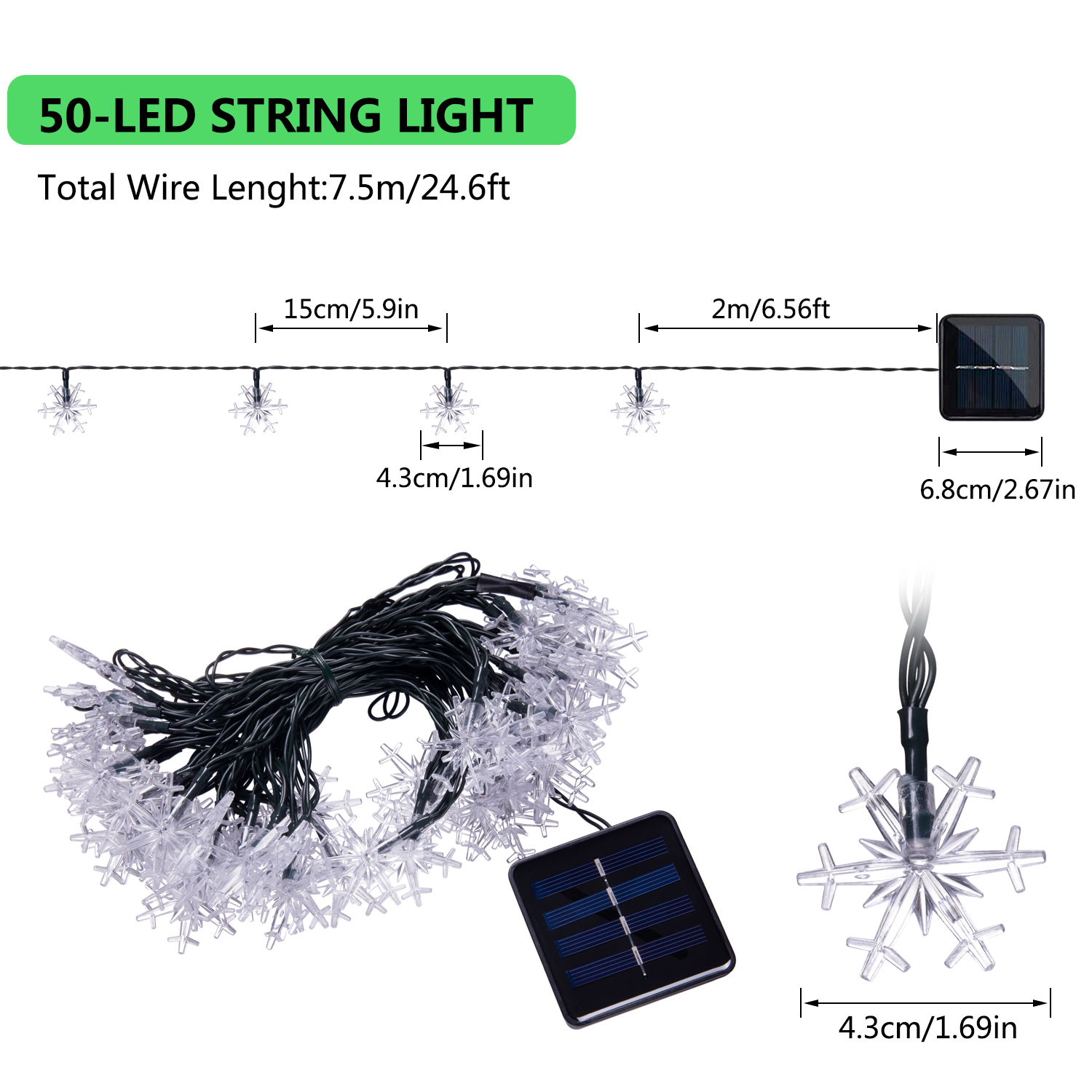 Solar snowflake String Lights, 24.6FT 50 LED Fairy String Lights waterproof